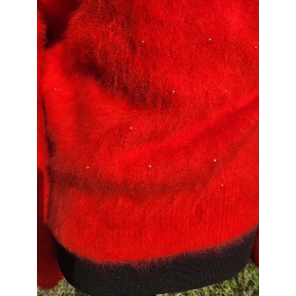 ANGORA Vtg TOMATO RED SWEATER Soft Bead Puff Sleeve Pullover Hi Neck Top M 38 - Picture 4 of 8